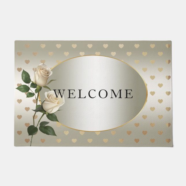 Paillasson Roses blanches Coeurs d'or mat de porte (Devant)