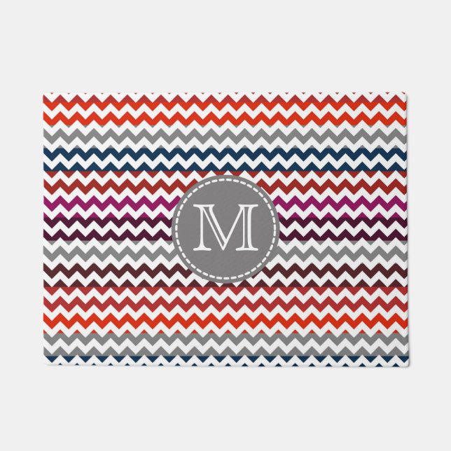 Paillasson Rouge blanc gris Chevron Zigzag Monogramme (Devant)