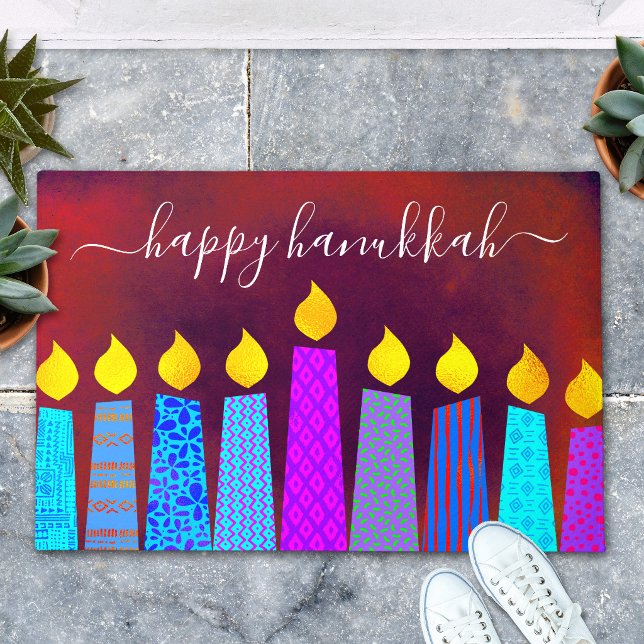 Paillasson Rouge Joyeux Hanukkah Script Boho Chandelles Gras  (Créateur téléchargé)