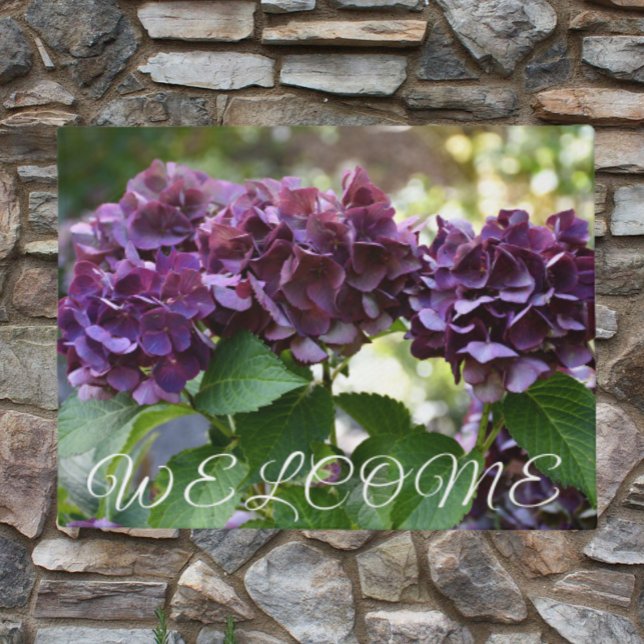Paillasson Rouge Violet Hydrangea Blooms Floral Bienvenue (In Situ)
