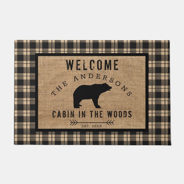 Paillasson Rustic Bear Bienvenue Cabine dans les bois Nom de  (Devant)