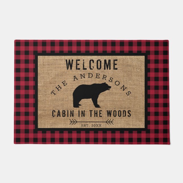 Paillasson Rustic Bear Bienvenue Cabine dans les bois Nom de  (Devant)