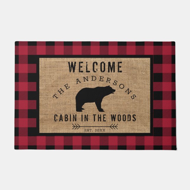 Paillasson Rustic Bear Bienvenue Cabine dans les bois Nom de  (Devant)