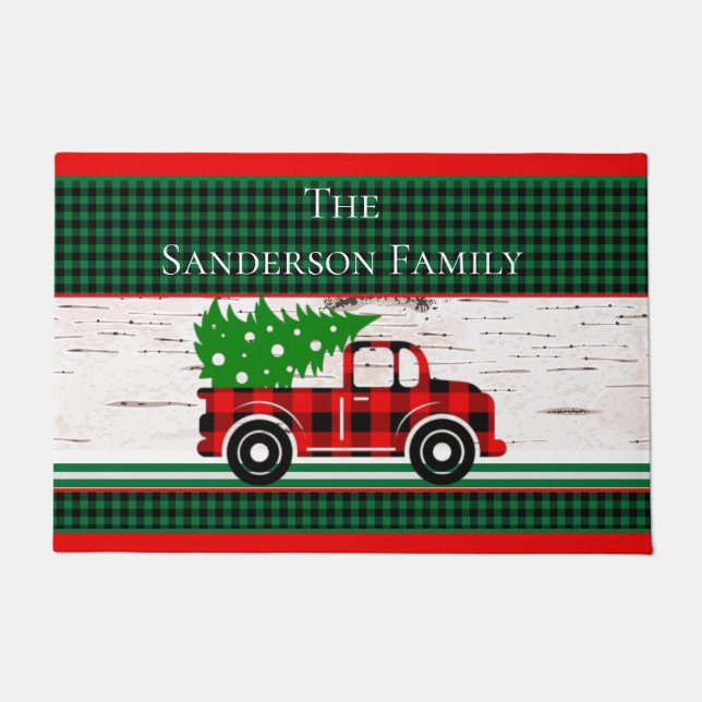 Paillasson Rustic Christmas Red Truck Green Buffalo Plaid (Devant)