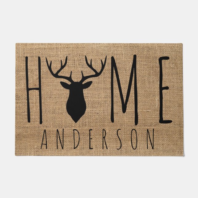 Paillasson Rustic Country Faux Burlap Buck Head Nom de famill (Devant)