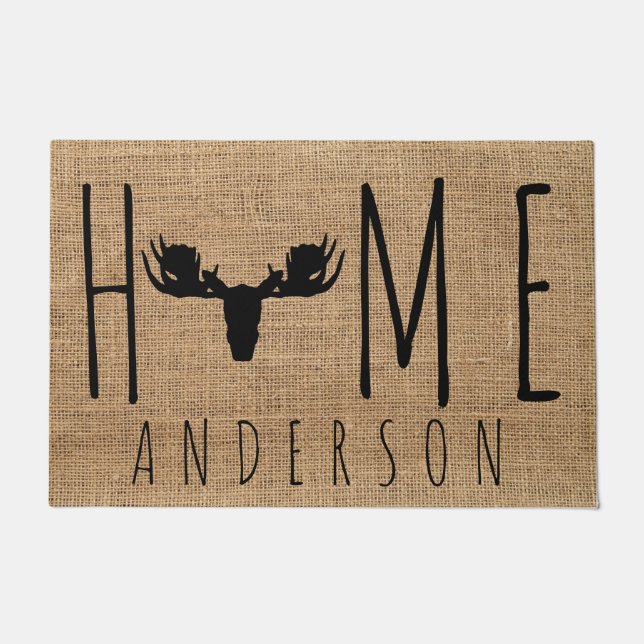 Paillasson Rustic Country Faux Burlap Moose Head Nom de famil (Devant)