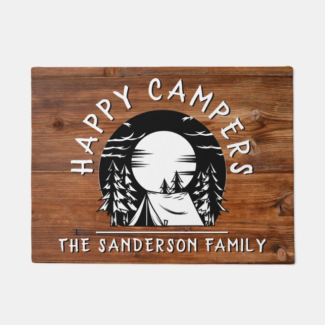 Paillasson Rustic Happy Campers Nom de famille Tent Pine Tree (Devant)