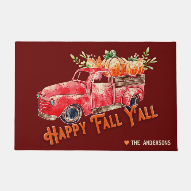 Paillasson Rustic Happy Fall Y'all Vintage Truck Citrouille (Devant)