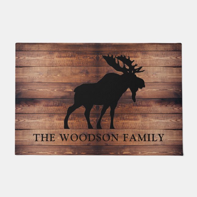 Paillasson Rustic Moose Wood Nom de famille personnalisé (Devant)