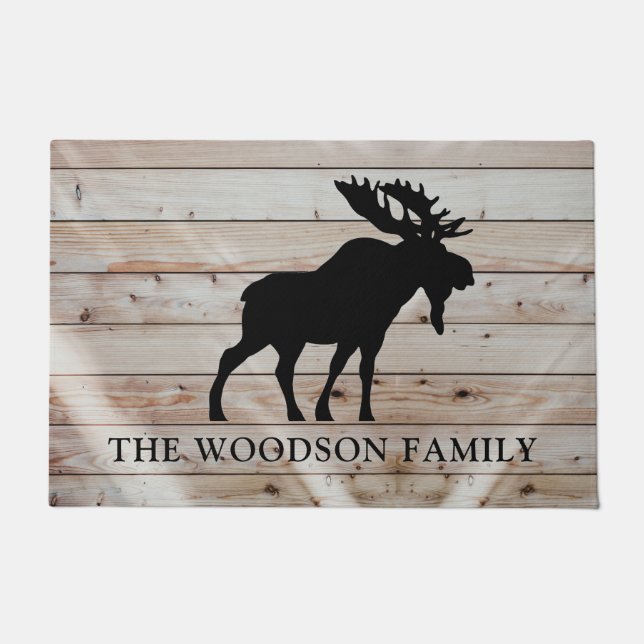 Paillasson Rustic Moose Wood Nom de famille personnalisé (Devant)