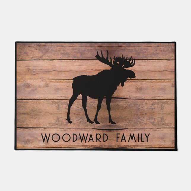Paillasson Rustic Wood Family Name Moose Silhouette (Devant)