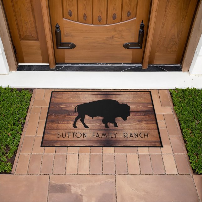 Paillasson Rustic Wood Nom de famille Bison Silhouette (De plein air)