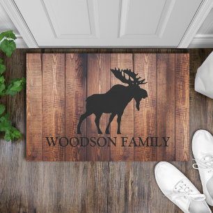 Paillasson Rustic Wood Nom de famille Moose Silhouette