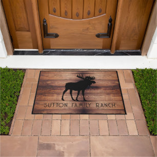 Paillasson Rustic Wood Nom de famille Moose Silhouette