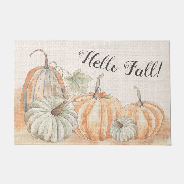 Paillasson Rustique Hello Fall Citrouille aquarelle (Devant)