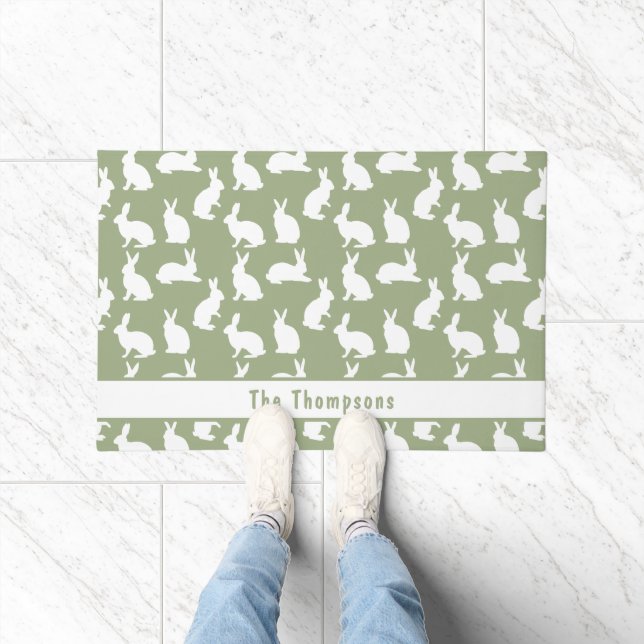 Paillasson Sage Green And White Bunnies With Name Easter (Intérieur)