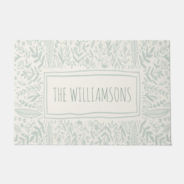 Paillasson Sage Green Garden Floral Art Nom de la bordure  (Devant)