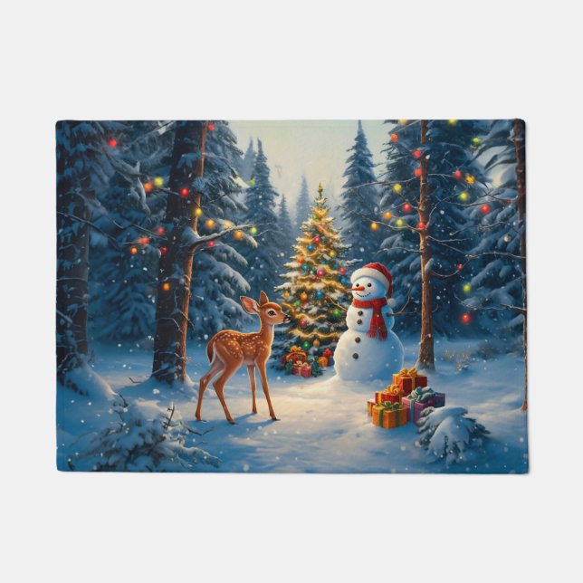 Paillasson Scene d'arbre de Noël Cute Deer Fawn Snowman (Devant)