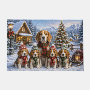 Paillasson Scène de Noël familiale de chien Beagle enneigée e