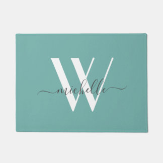 Paillasson Script de nom de monogramme Turquoise élégant