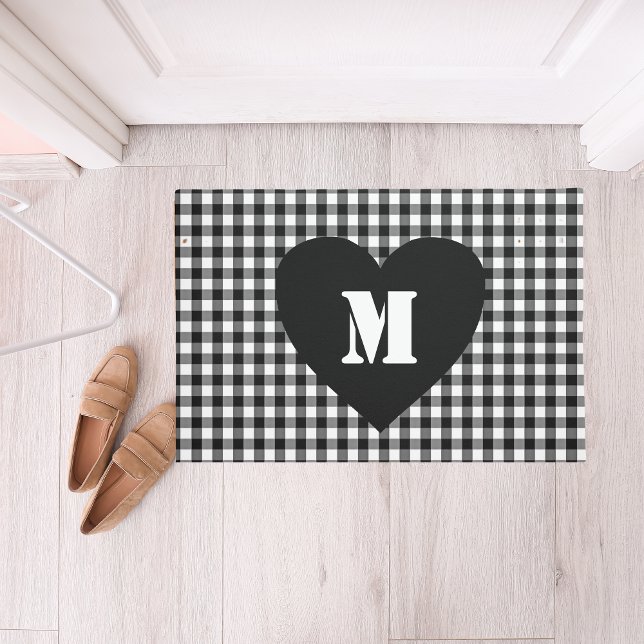 Paillasson Script Monogramme personnalisé Coeur noir et blanc (Créateur téléchargé)