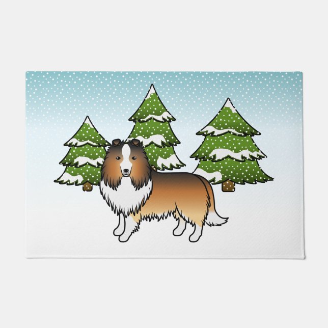 Paillasson Shetland Sheepdog Sable Dans Une Forêt D'Hiver (Devant)