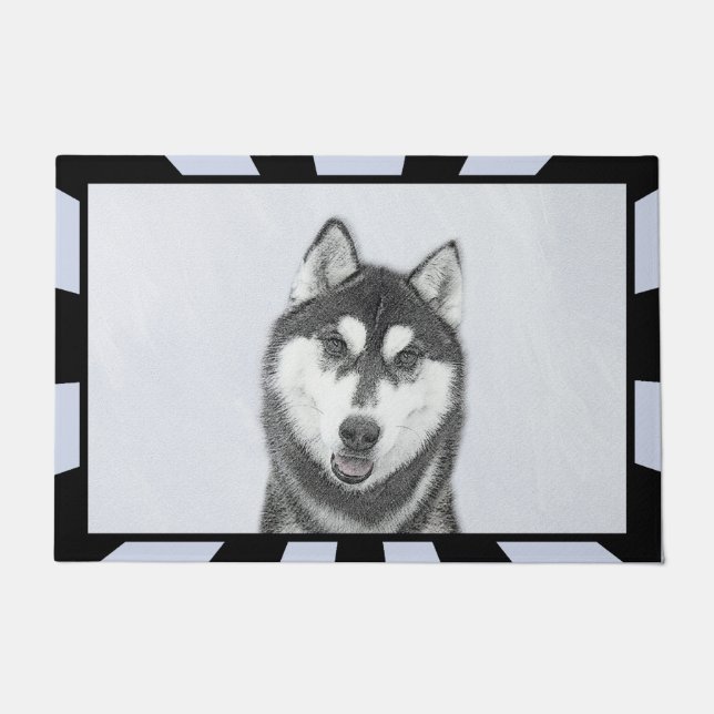Paillasson Sibérie Husky (noir et blanc) Peinture Chien Art (Devant)
