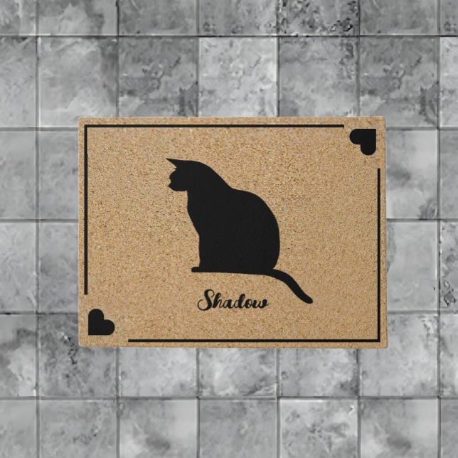 Paillasson Silhouette De Chat Avec Nom De Monogramme Personna (Cat Silhouette With Personalized Monogram Name Doormat)