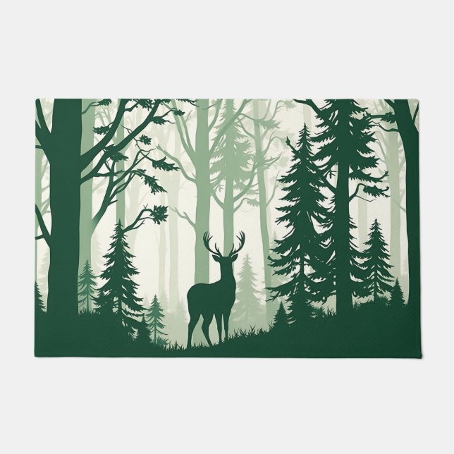 Paillasson Silhouette de forêt de cerfs, scène de nature (Devant)
