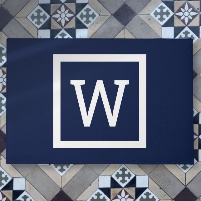 Paillasson Simple Moderne Monogramme de Bordure Graphique Ble (Simple Modern Navy Blue Graphic Border Monogram Doormat)