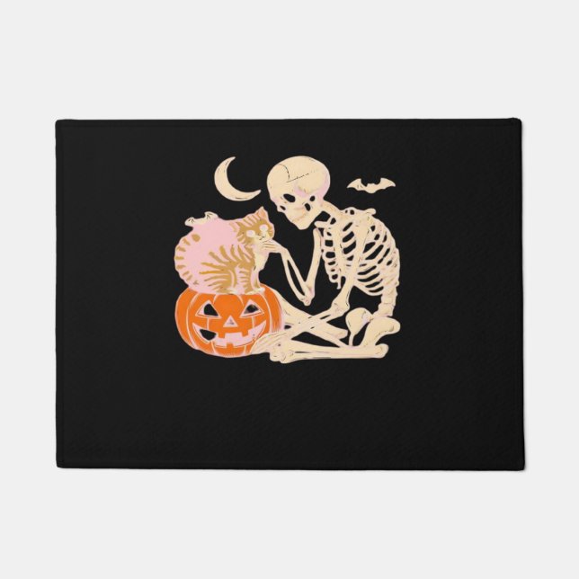 Paillasson Skeleton Hugging Cat Halloween Amoureux des chats  (Devant)