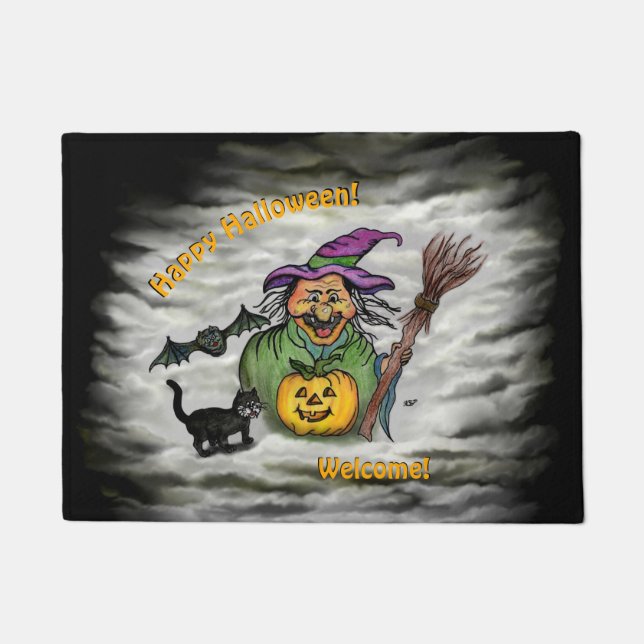 Paillasson Sorcière, Chat, Chauve-souris et Citrouille, Bonne (Devant)