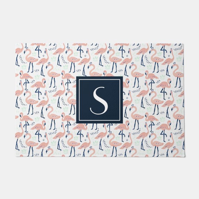 Paillasson Souris à motif flamingo rose tropicale monogramme (Devant)