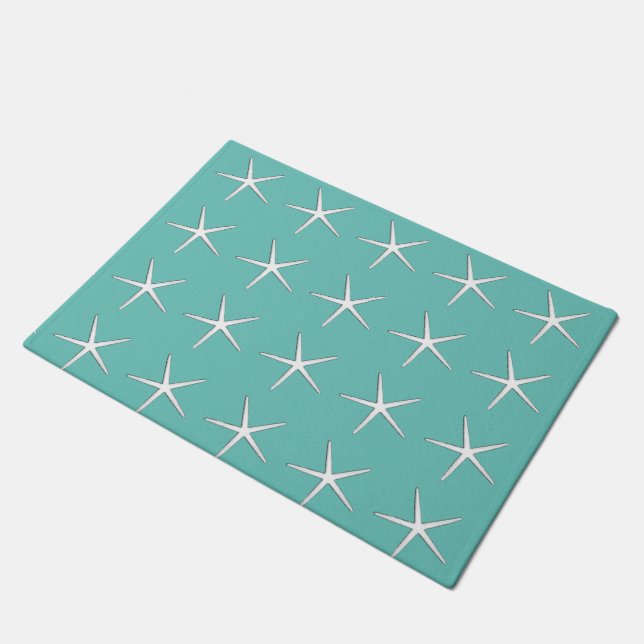 Paillasson Starfish Motif Turquoise Bleu Blanc Nautique Plage (Incliné)