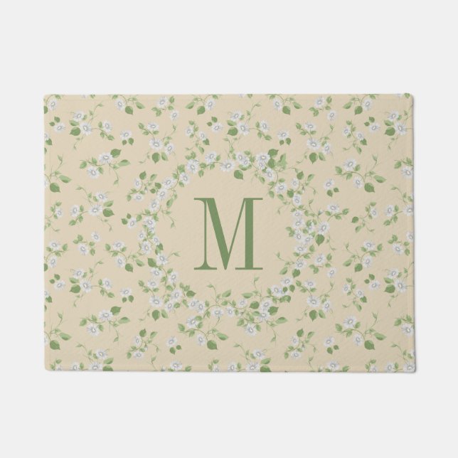 Paillasson Style chalet Floral Blanc Faisées Crème Monogramme (Devant)