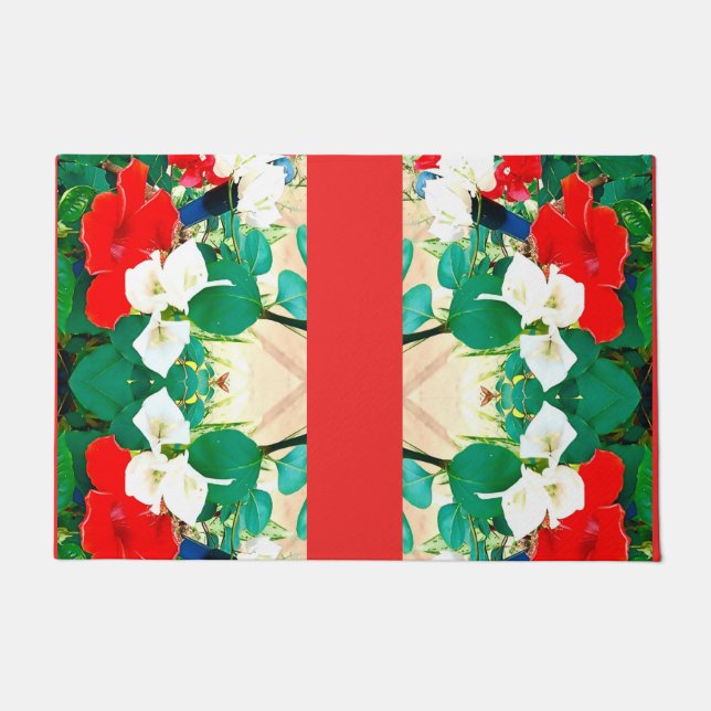 Paillasson Sunshine Rouge Hibiscus Vert Feuilles Automne Coul (Devant)