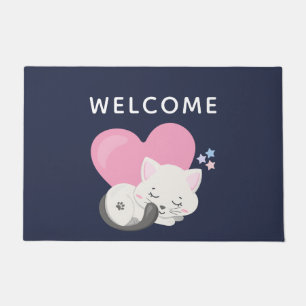 Paillasson Sweet Kitty Chat Dormir avec un coeur rose Bienven