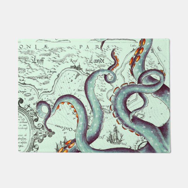 Paillasson Tentacles Turquoises Sur Une Carte Vintage Turquoi (Devant)