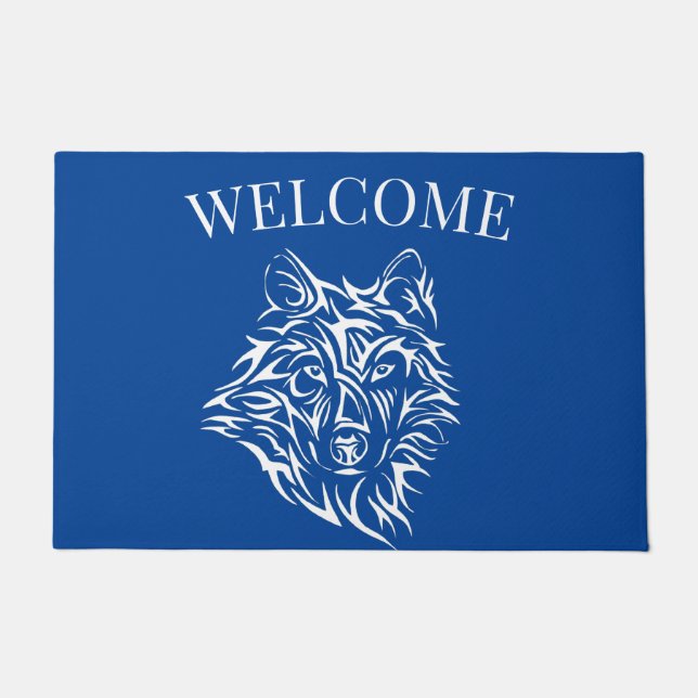 Paillasson Tête de loup blanc sur fond bleu (Devant)