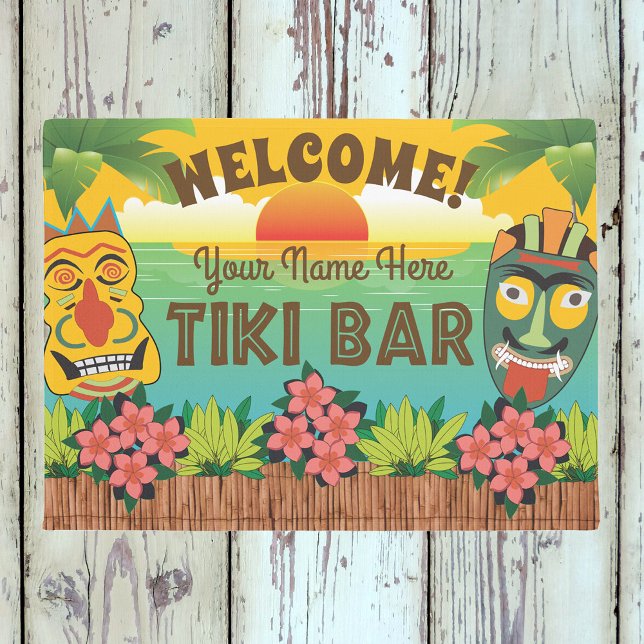 Paillasson Tiki Bar Welcome with Mask Sunset Ajouter un nom (Créateur téléchargé)