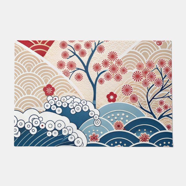 Paillasson Trendy Modern Japanese Wave &amp; Sakura Pattern  (Devant)