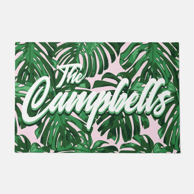Paillasson Tropical Green Feuilles Script Pink Nom Porte (Devant)