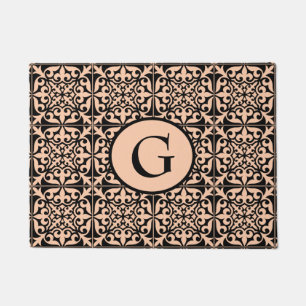 Paillasson Tuiles marocaines, pêche et noir, avec monogramme