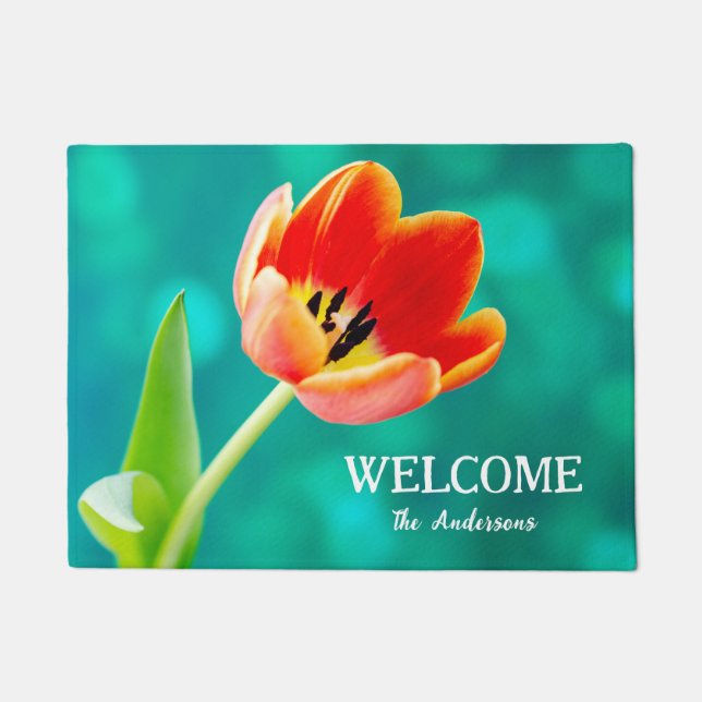 Paillasson Tulipe orange sur fond vert (Devant)