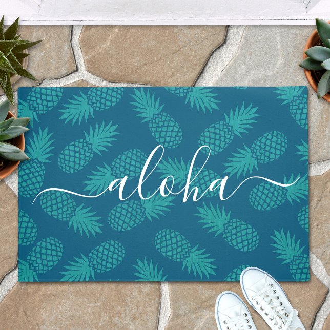 Paillasson Turquoise aloha script ananas motif moderne (Créateur téléchargé)