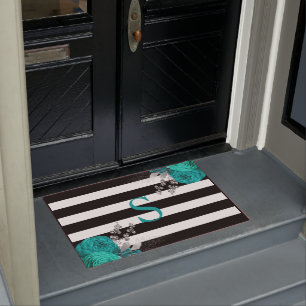 Paillasson Turquoise Silver Floral Monogramme Noir Blancs