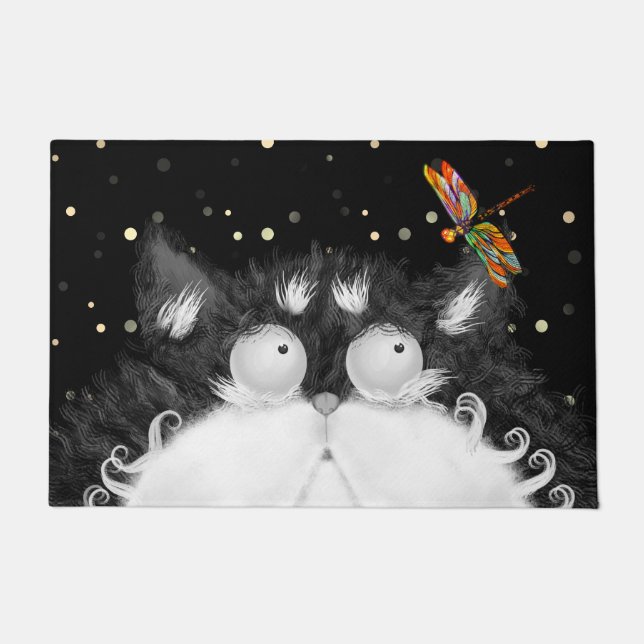 Paillasson Tuxedo Cat surpris par la libellule (Devant)