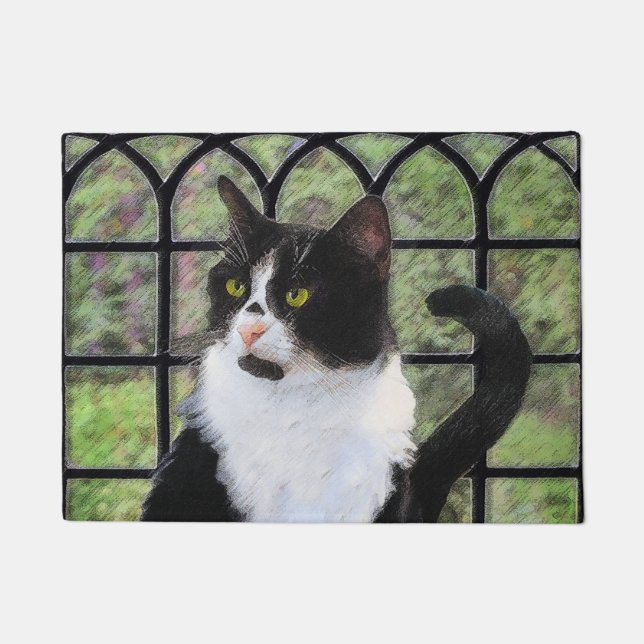 Paillasson Tuxedo Chat dans la peinture de fenêtre Art animal (Devant)