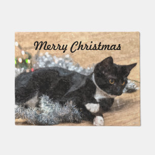 Paillasson Tuxedo Kitten Tinsel and Lights Door Mat