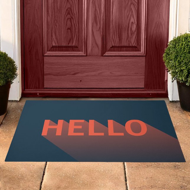 Paillasson Typographie moderne bleu foncé et orange Hello (Créateur téléchargé)